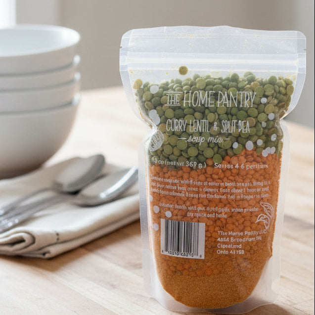 Bag of dried beans on a kitchen counter with bowls and utensils in the background