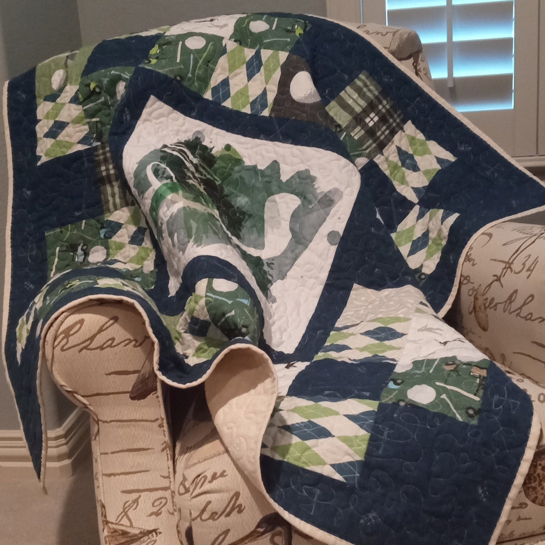 Decorative pillow with a pattern of leaves and text on a neutral background