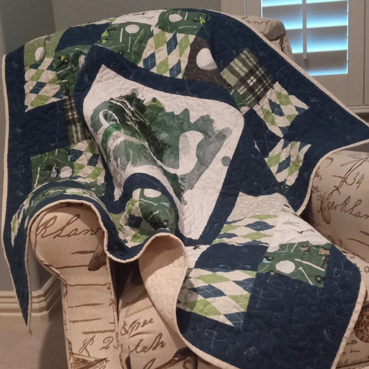 Decorative pillow with a pattern of leaves and text on a neutral background