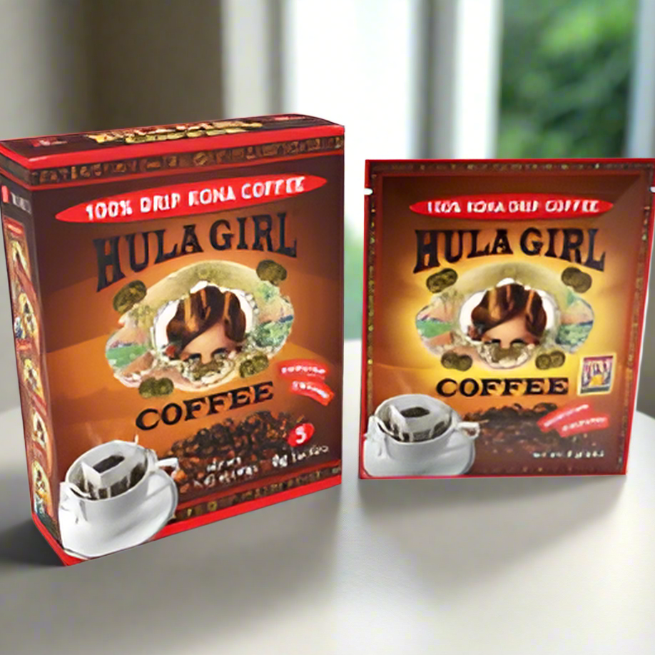 Hula Girl Coffee packaging on a white surface with a blurred green and gray background