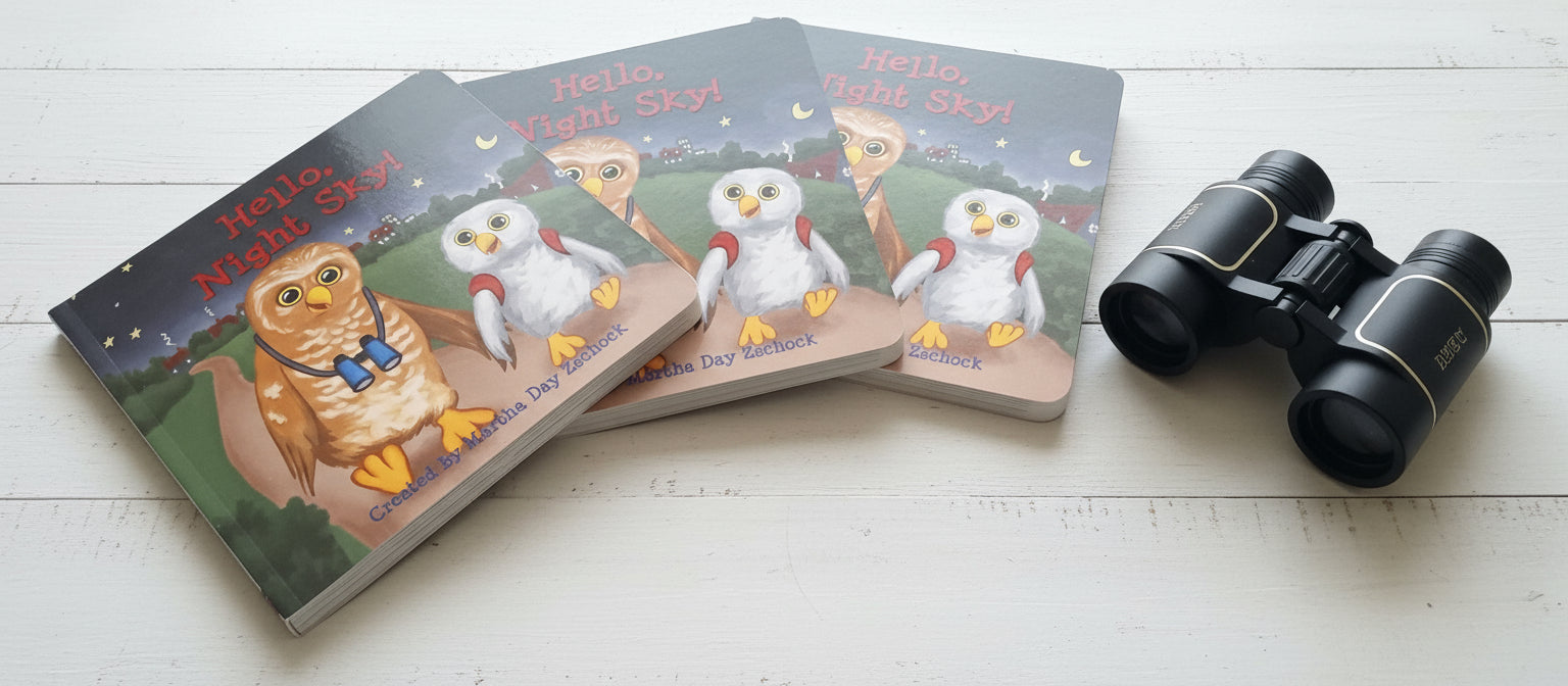 Four children's books with owl illustrations on a colorful quilt.