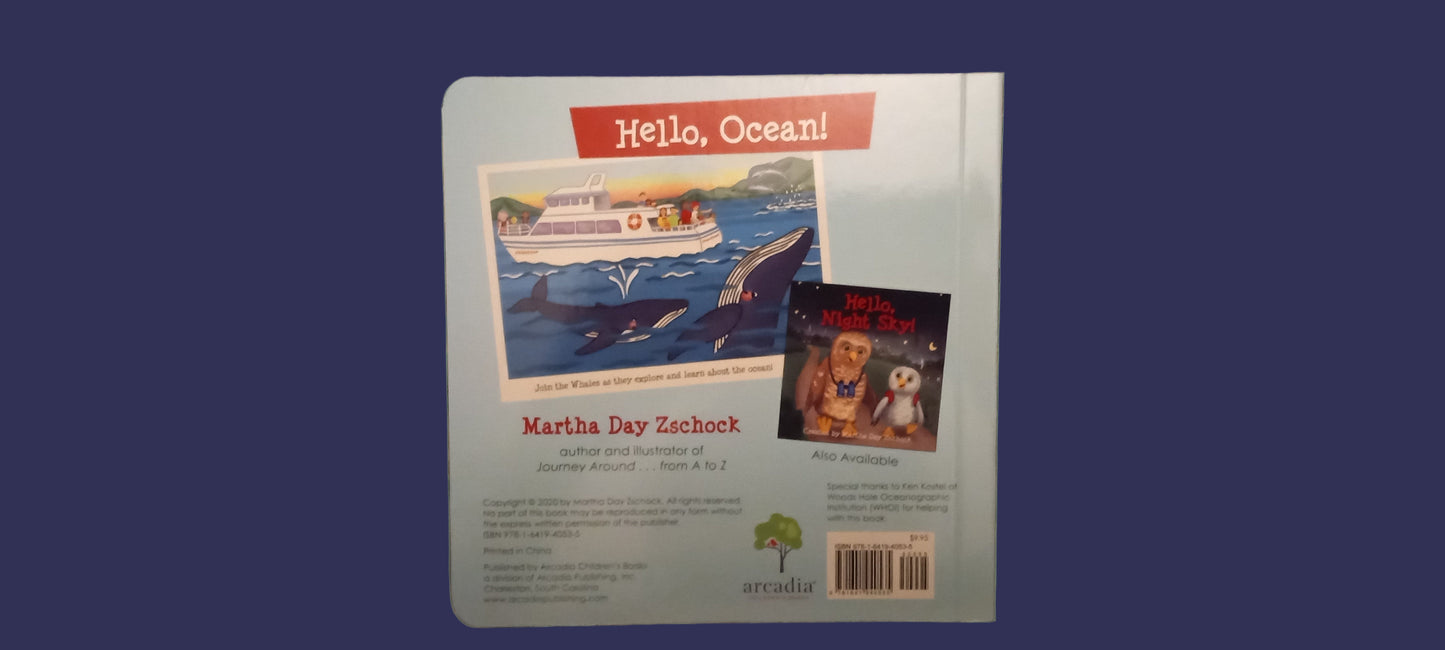 Book cover with 'Hello, Ocean!' text and illustrations on a green background