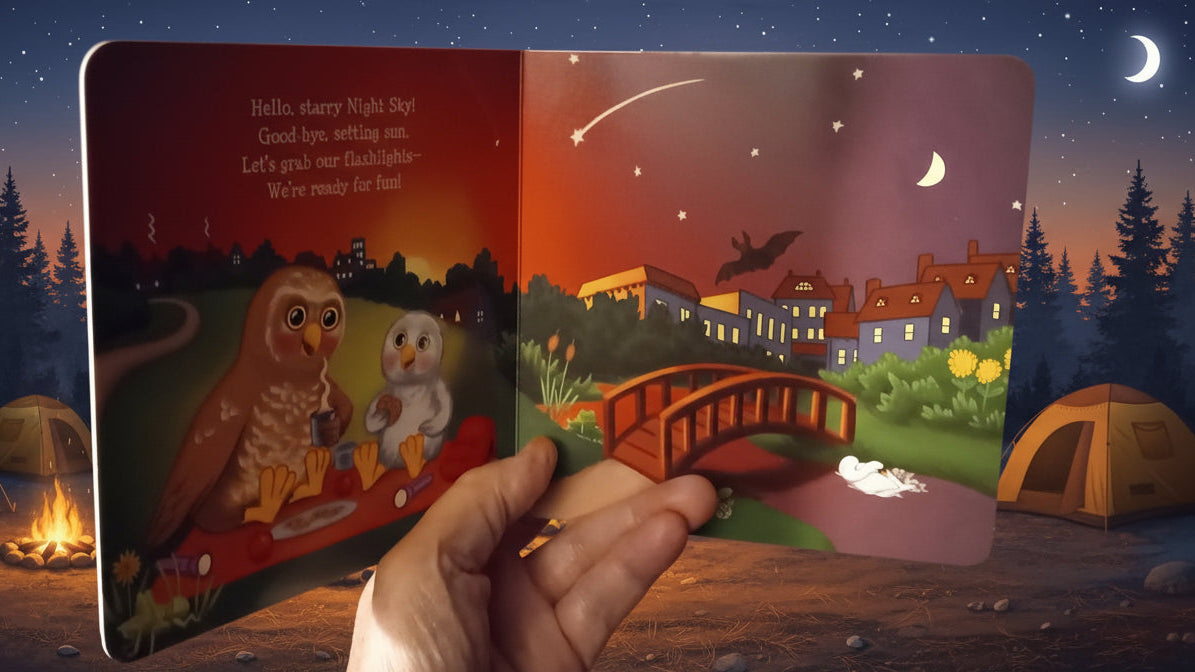 Children's book open to two pages with illustrations of animals and a bridge at night.