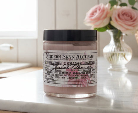 Jar of soap on a bathroom counter with a sink and decorative elements in the background