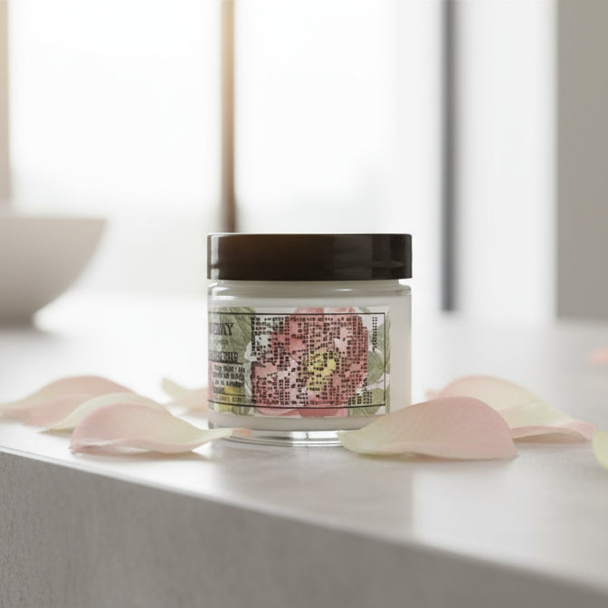 Jar with a colorful label on a brown paper bag