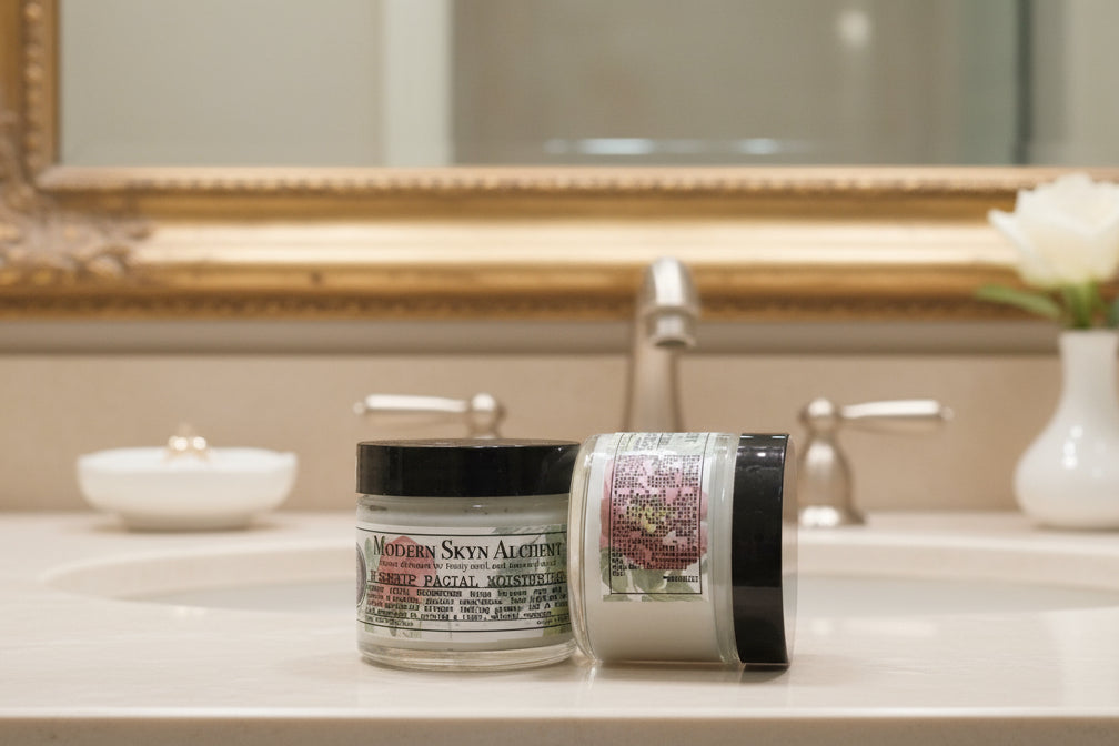 Two jars of facial moisturizer from Modern Skyn Alchemy on a wooden surface.