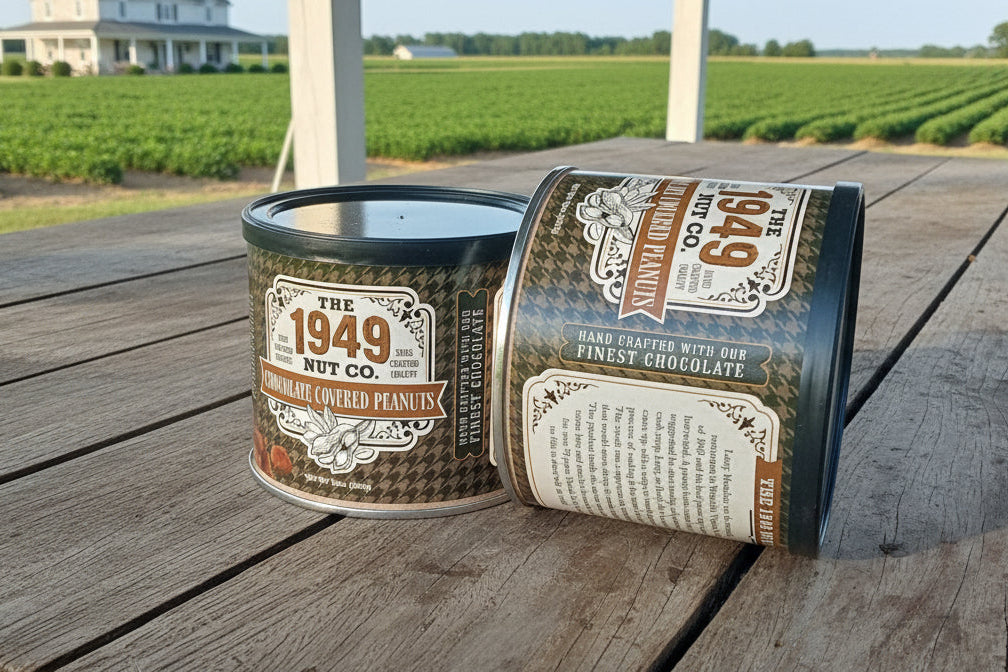 Two vintage-style metal cans on a wooden surface with a farm in the background