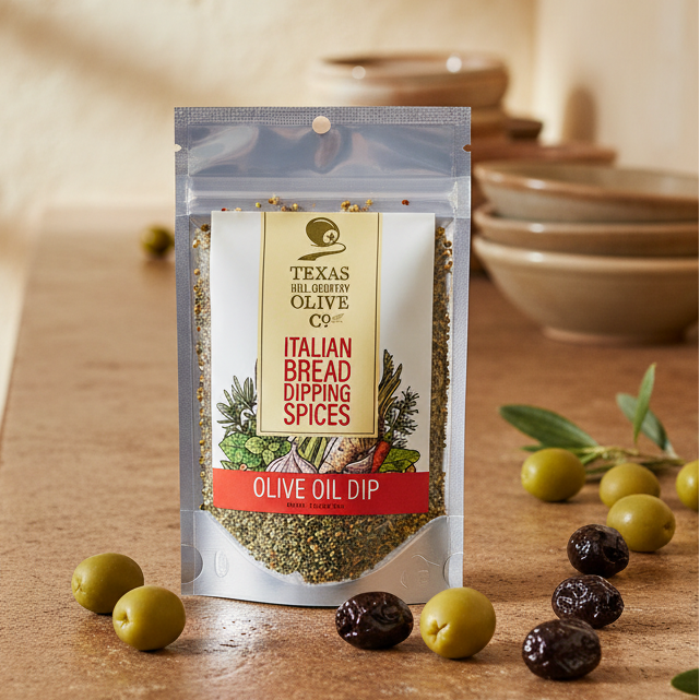 Pack of Texas Hill Country Olive Co. Italian Bread Dipping Spices for Olive Oil Dip on a white background