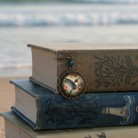 Decorative pendant with a bird design on top of vintage books