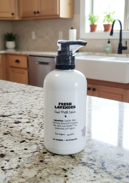 White bottle with black pump on a kitchen counter
