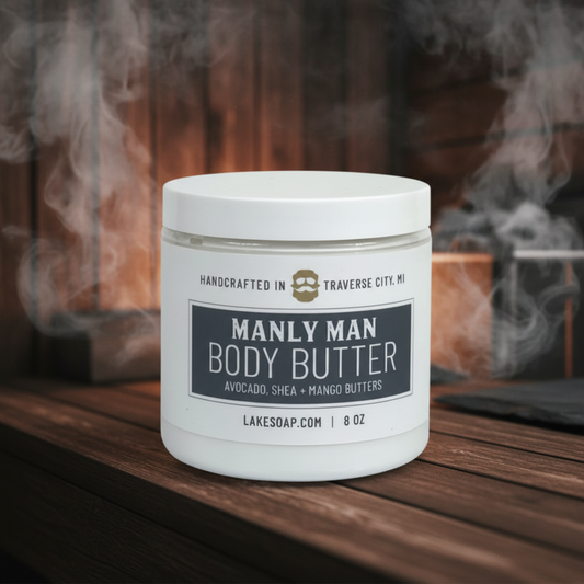 Manly Man Body Butter jar with label on a white background