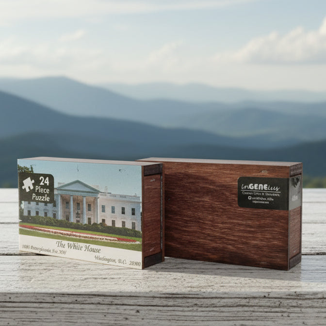 Wooden model of a building on a marble surface