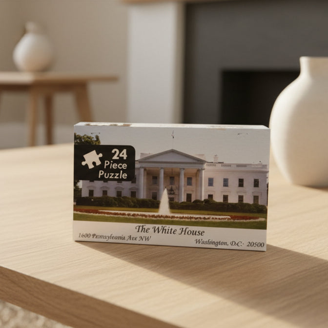Jigsaw puzzle box of the White House on a coffee table in a living room.
