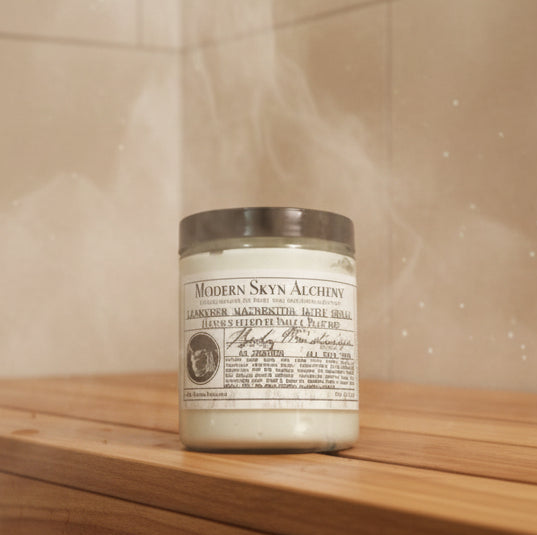 Candle with label on a wooden shelf in a steamy room