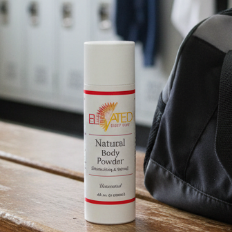 Elevated Natural Body Powder can on a white background