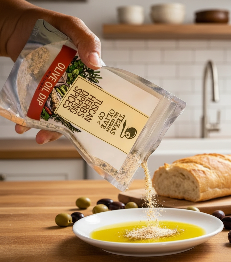 Hand pouring a seasoning packet into a ceramic container with a blurred background
