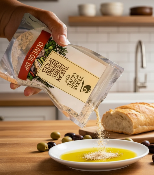 Hand pouring a seasoning packet into a ceramic container with a blurred background