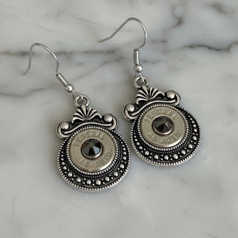 Ornate Silver .45 Auto Bullet Earrings – Black Crystal, 2" Drop