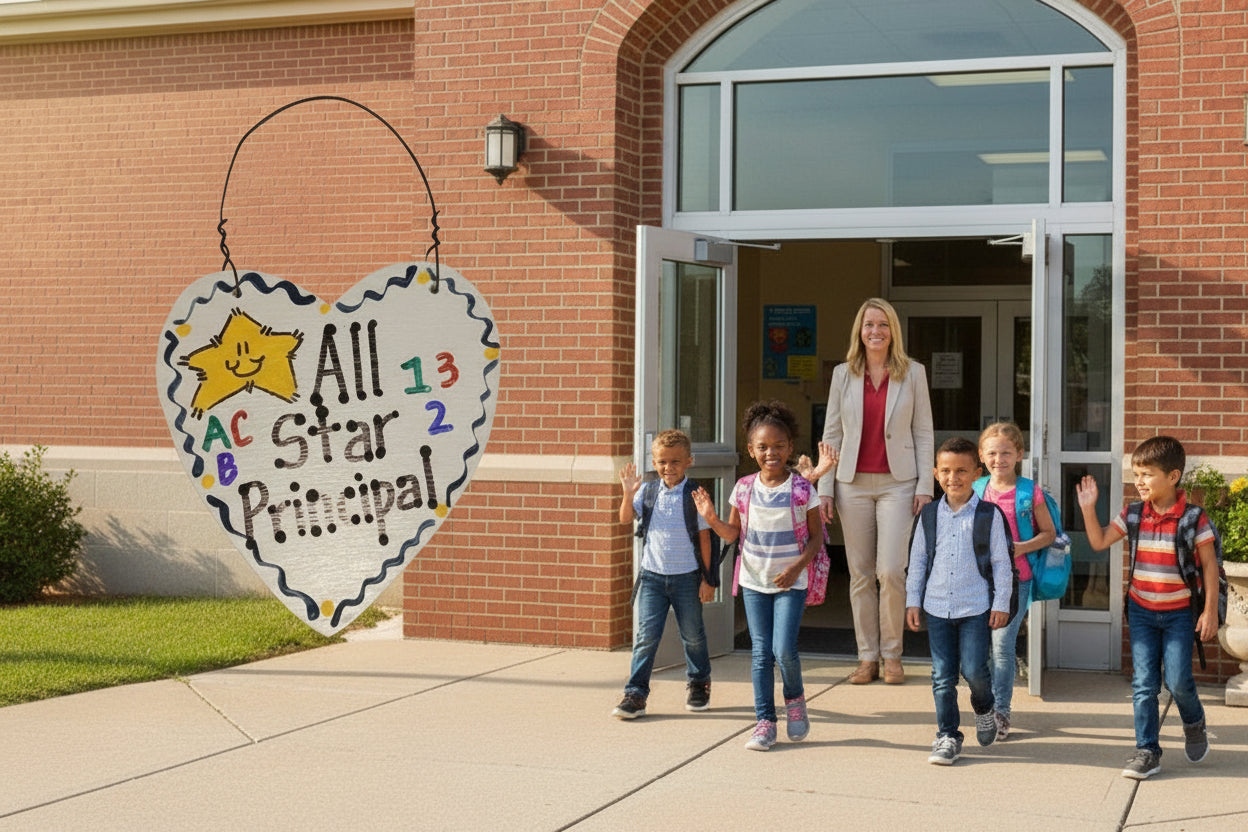 Hand holding a heart-shaped sign with 'All Star Principal' text in front of a school building with children and a woman.