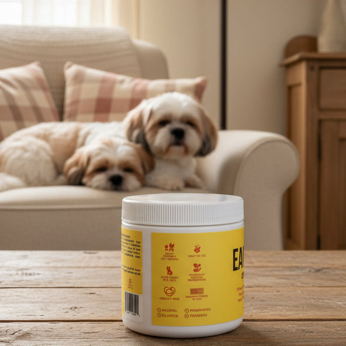 White container with yellow label on a marble surface