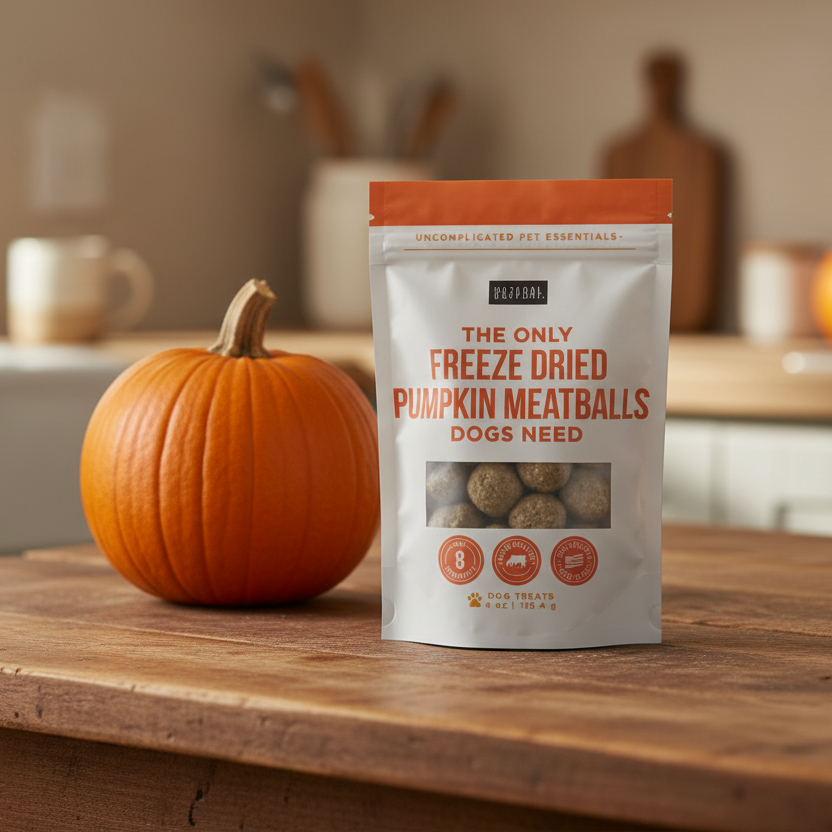 Package of freeze-dried pumpkin meatballs for dogs on a wooden table with a pumpkin beside it.