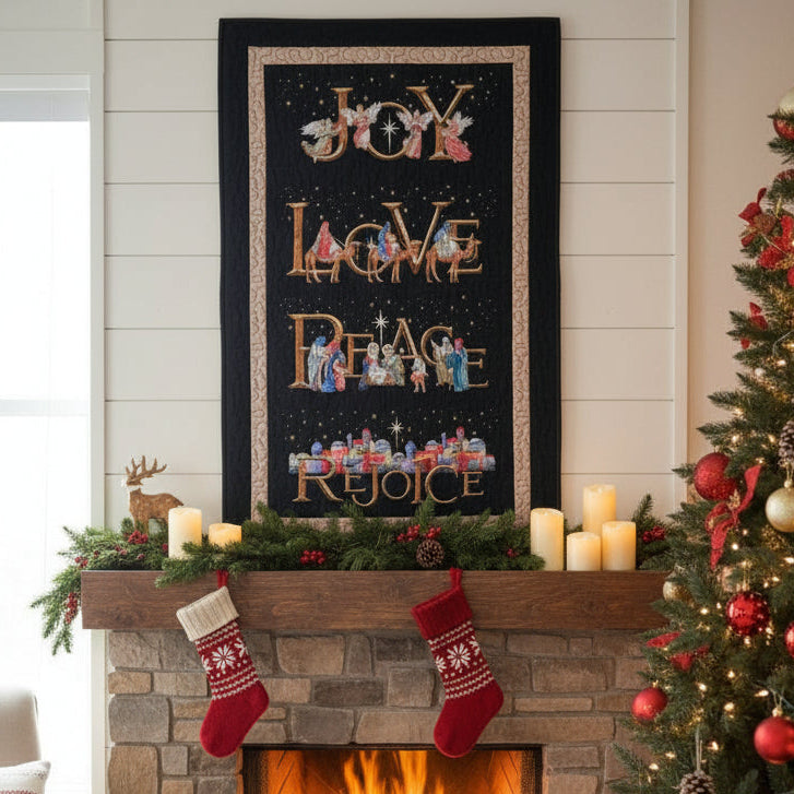 Decorative wall hanging with Christmas-themed text and nativity scene on a dark background.