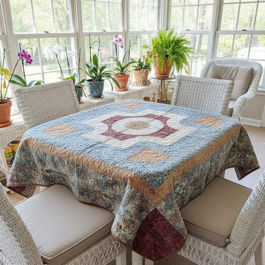 Patchwork tablecloth on a dining table with chairs around it.