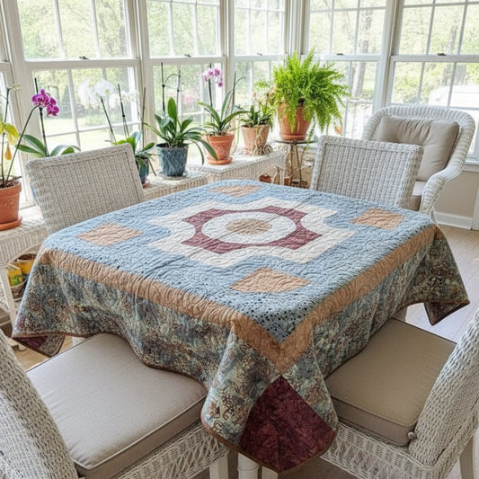 Patchwork tablecloth on a dining table with chairs around it.