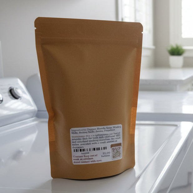 Brown packaging with a label on a white surface