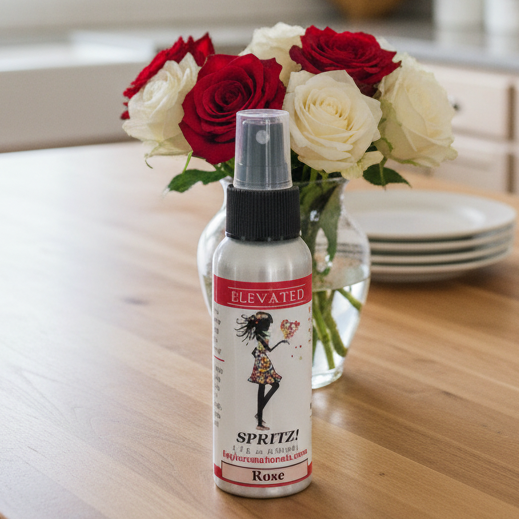 Spray bottle labeled 'Elevated Spritz! Rose Spray' by Taylor Naturals on a white background