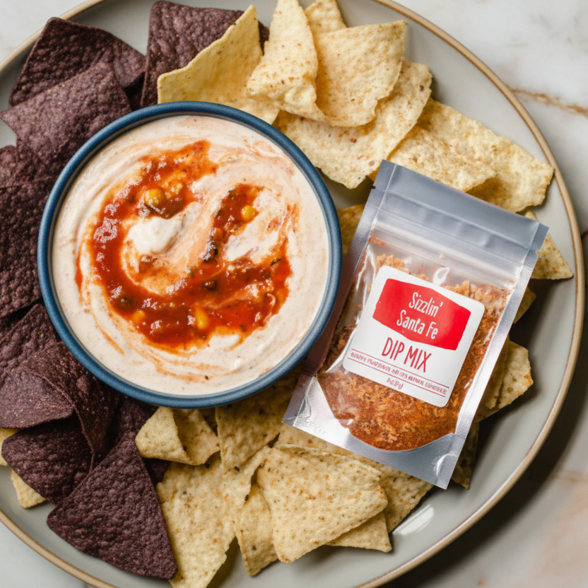 Dip mix packet with a bowl of dip and tortilla chips on a plate