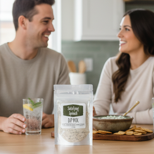 Spinach dip mix packaging above a bowl of spinach dip with crackers.