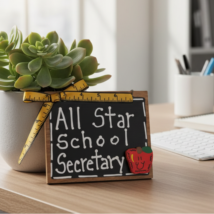 Desk with computer, keyboard, mouse, and decorative sign reading 'All Star School Secretary'.