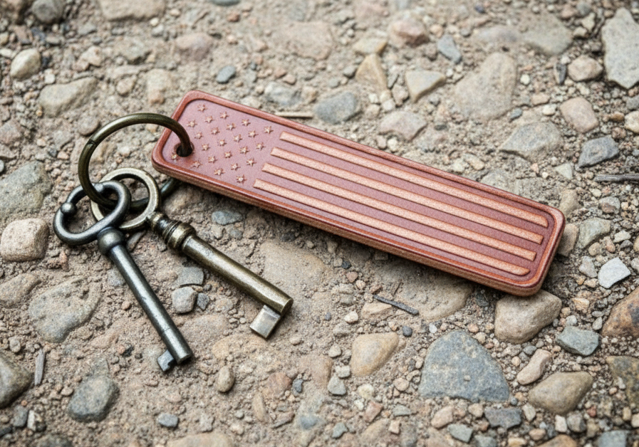 American flag leather patch on a wooden surface with vintage keys.