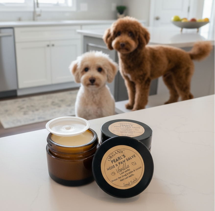 Three jars of organic pearl and olive oil on a kitchen counter with two dogs in the background.