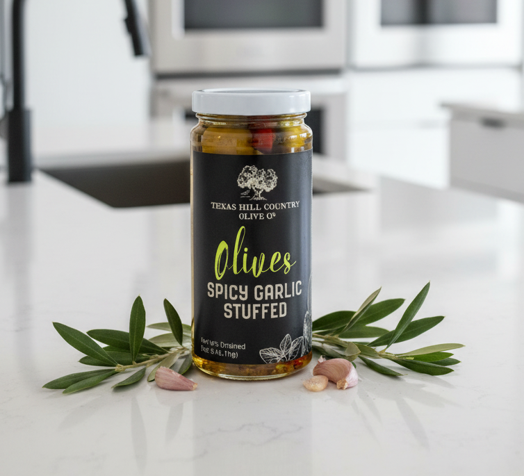 Jar of spicy garlic stuffed olives on a black background