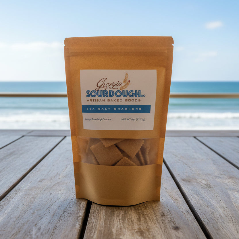 Bag of sourdough starter on a wooden floor