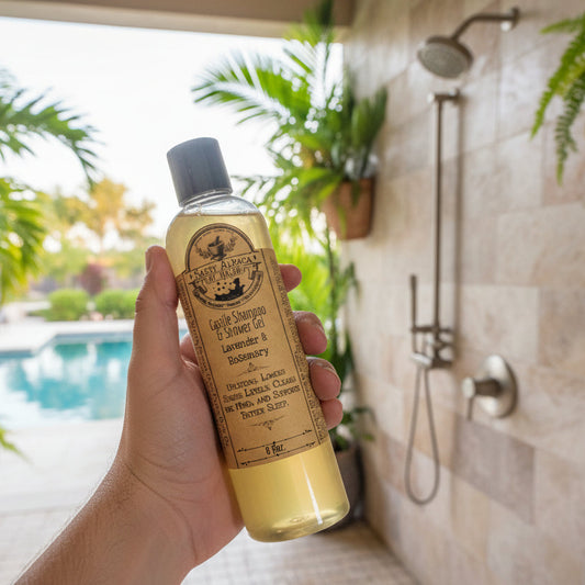 Bottle of shampoo and shower gel with a label held by a hand on a patterned carpet.
