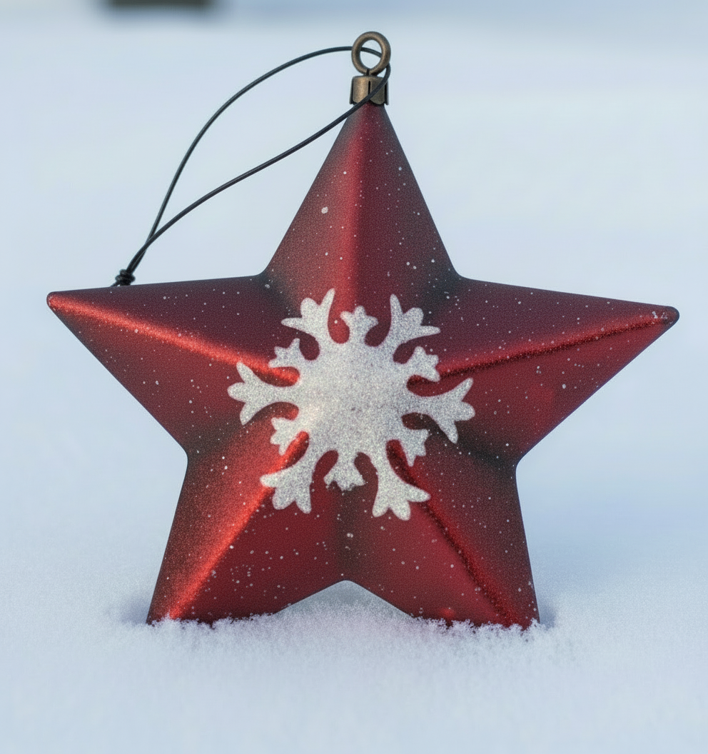 Red star-shaped ornament with a white snowflake design on a textured surface