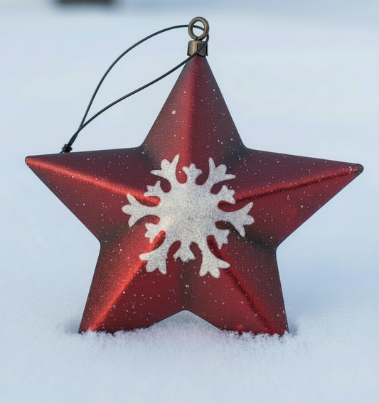 Red star-shaped ornament with a white snowflake design on a textured surface