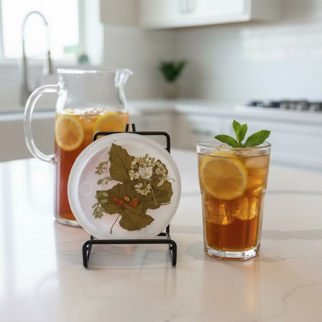Pressed flowers and leaves on a round, frosted glass plate with a decorative stand against a patterned fabric background.