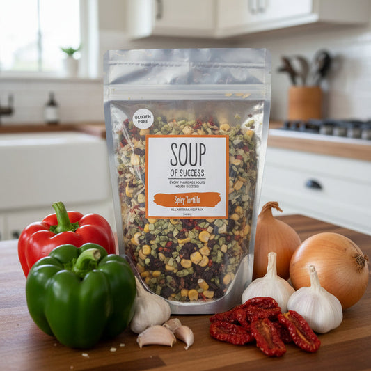 Package of soup mix on a stone surface with a blurred background