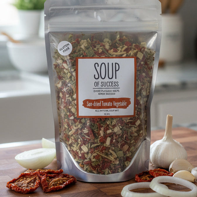 Packaged soup mix on a countertop with a label