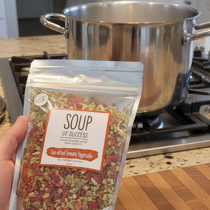 Packaged soup mix held by a hand on a textured surface