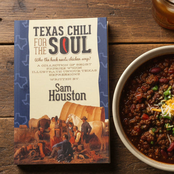 Book titled 'Texas Chili for the Soul' by Sam Houston on a quilted surface.