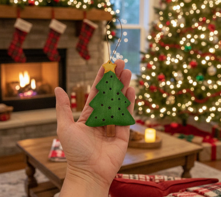 Hand holding a small green Christmas tree ornament with a star on a white background