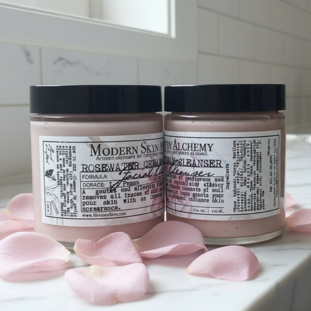 Two jars of facial cleanser from Modern Alchemy on a bathroom counter.