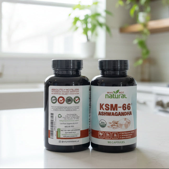 Two bottles of KSM-66 Ashwagandha on a wooden surface.