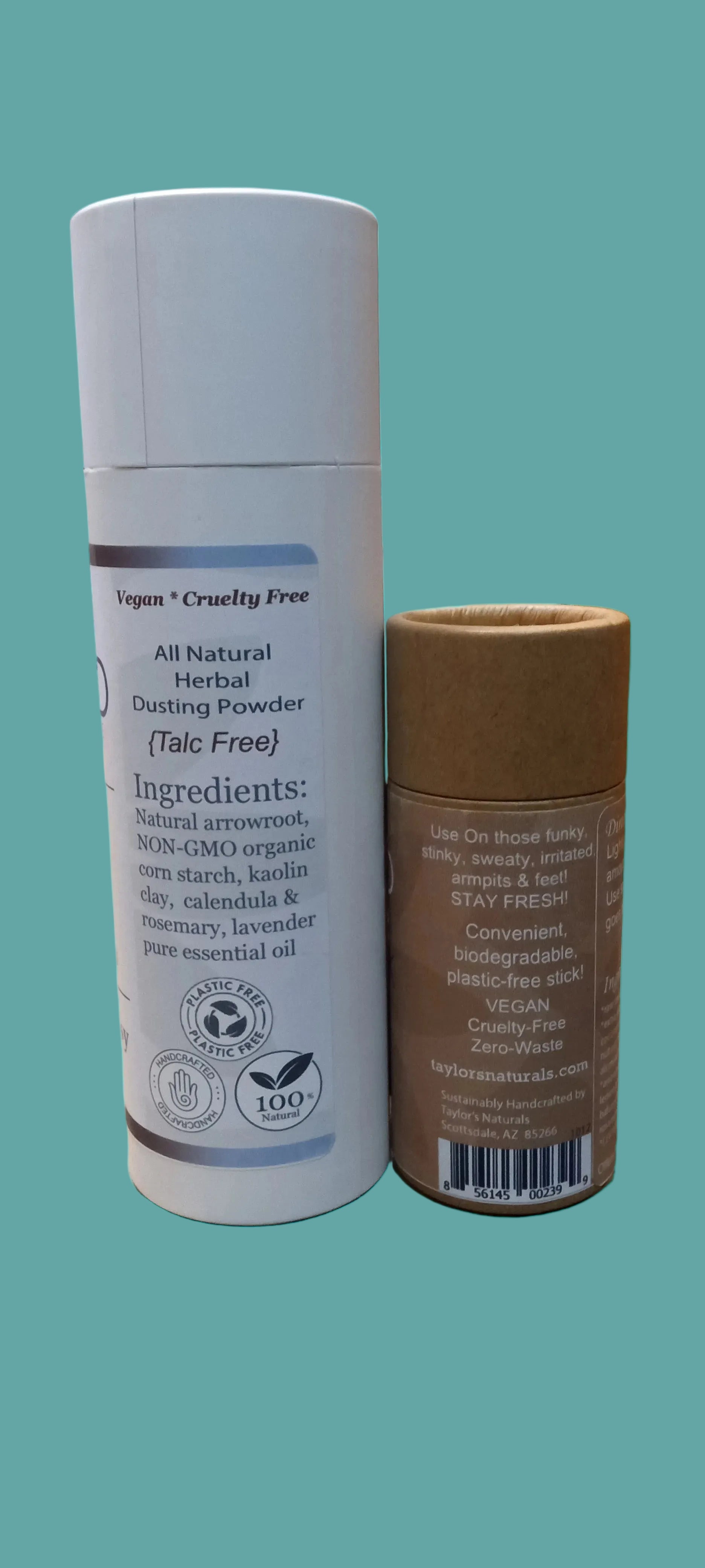 Two cylindrical containers, one white and one brown, on a blue background.