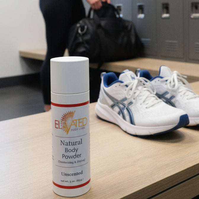 Person standing by lockers with a bottle of Elmer's Natural Muscle Powder on a table.
